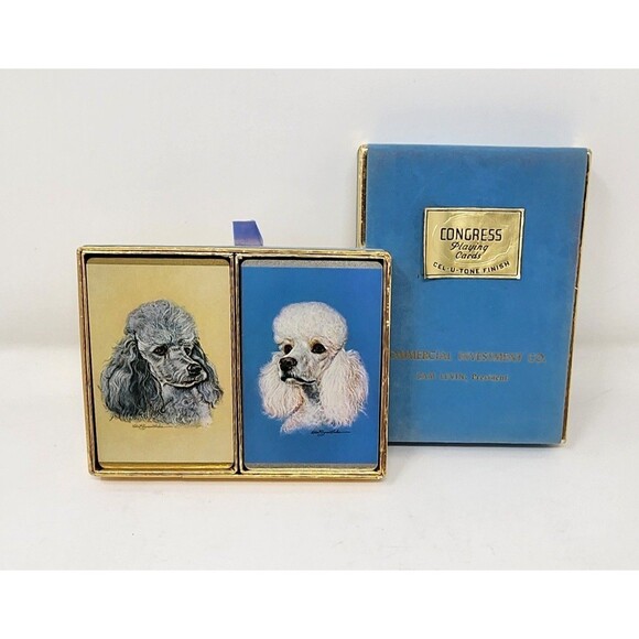 Vintage Congress Cel-U-Tone Finish Playing Cards Double Deck Poodle Dogs - Picture 2 of 8